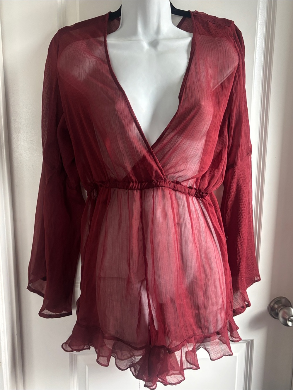 Alluring Sheer Burgundy Deep V Romper Swimsuit Cover